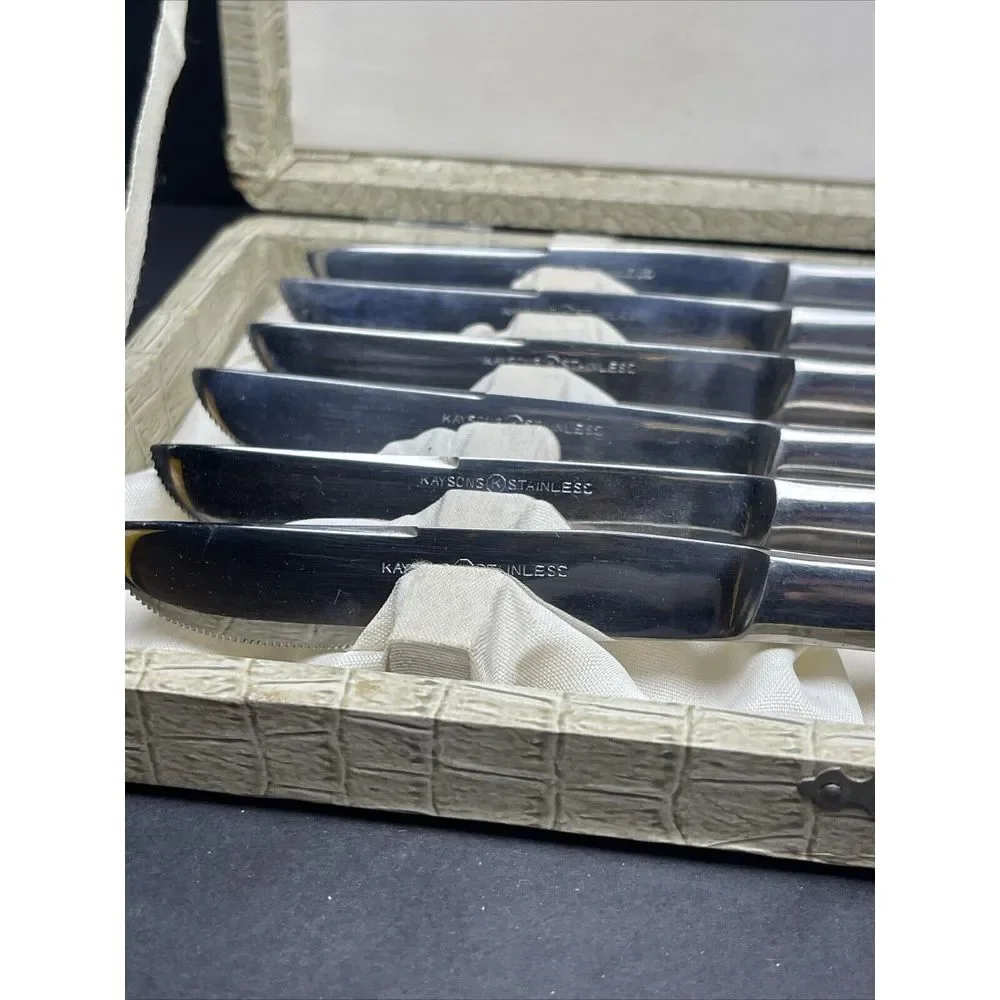 Vintage Kaysons De Luxe‎ Stainless Knife Set of 6 Curved Handle box MCM Sleek